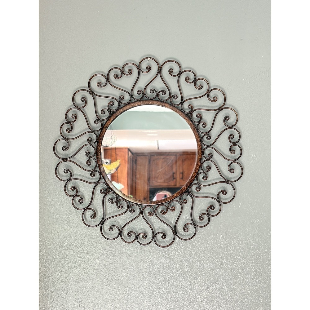 Round Wrought Iron Scrollwork Wall Mirror Bronze Heart Motif 23.5" Heavy